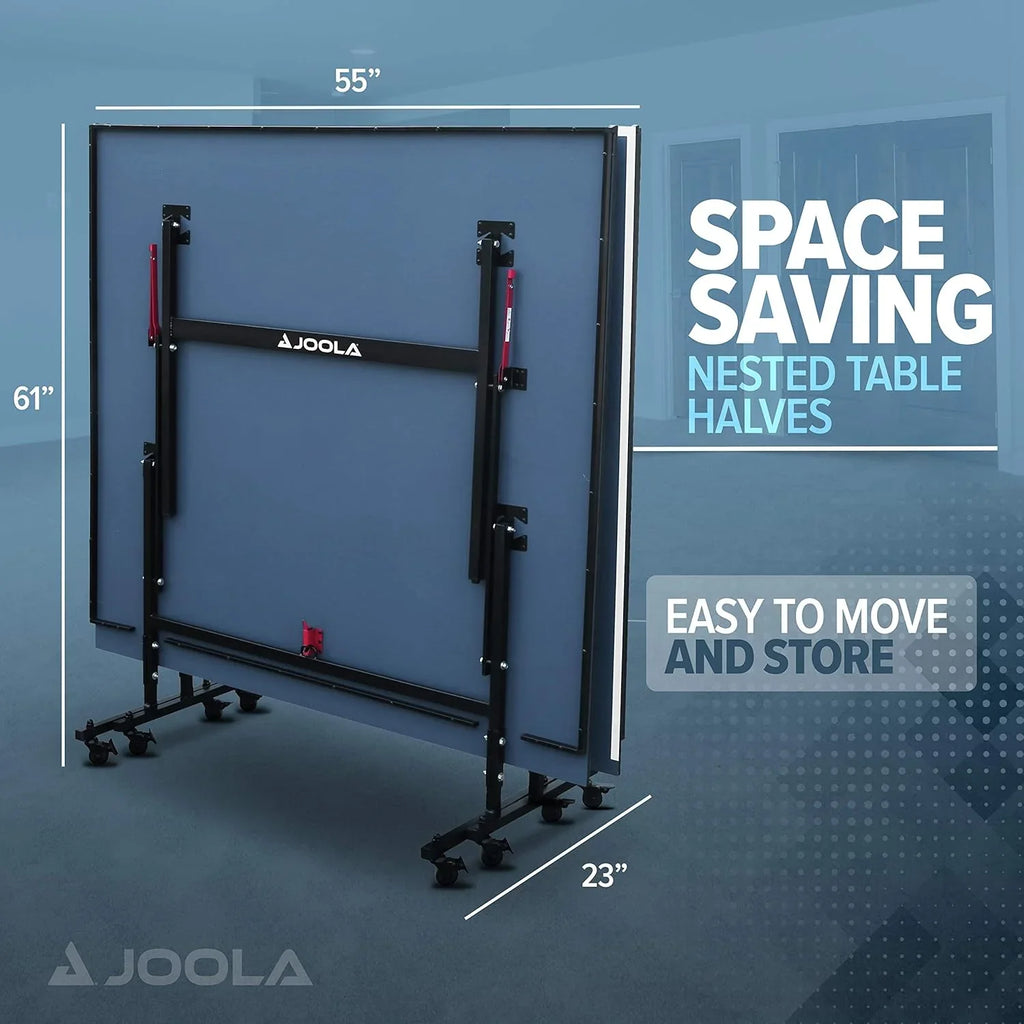 JOOLA Inside Professional MDF Indoor Ping Pong Table with Quick Clamp Table Tennis Net and Post Set - 10 Minute Easy Assembly - Tournament Quality - Foldable with Single Player Playback Mode